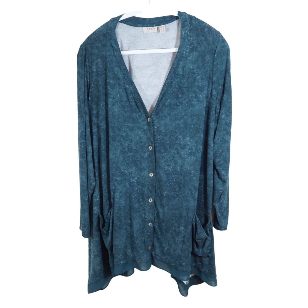 LOGO LORI GOLDSTEIN 2X Green Button Down Sheer Hem Knit Top Cardigan Jacket